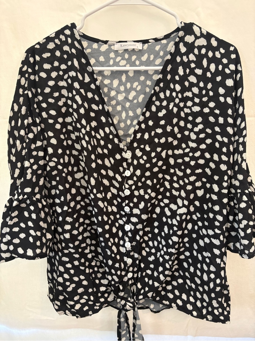 Black and White Button-Front Tie-Hem Blouse